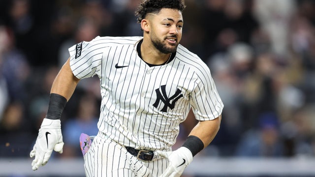 Jasson Domínguez #24 of the New York Yankees rounds the bases after hitting RBI double in the sixth inning of the game between the Kansas City Royals and the New York Yankees at Yankee Stadium on Tuesday, April 15, 2025 in New York, New York. 